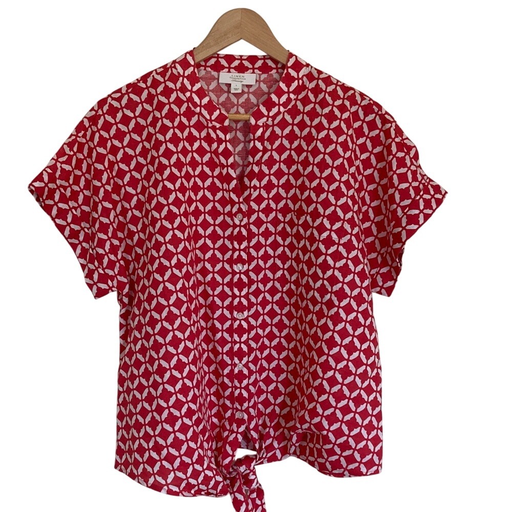 Charter Club Womens Red White Geometric Tie-Front Linen Blend Blouse‎ Size Large